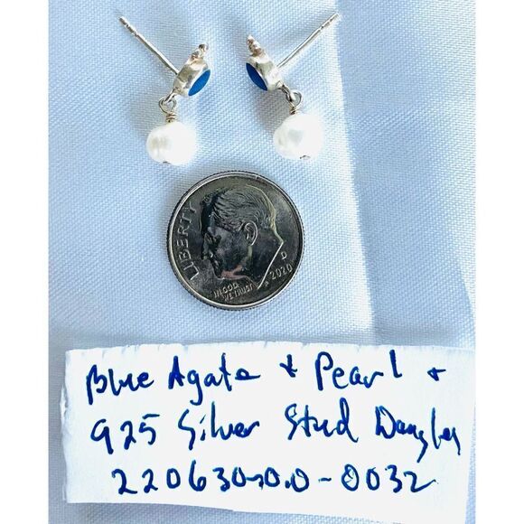 Beautiful Blue Agate, Pearl & Sterling 925 Silver Dangle Earrings - Picture 4 of 8